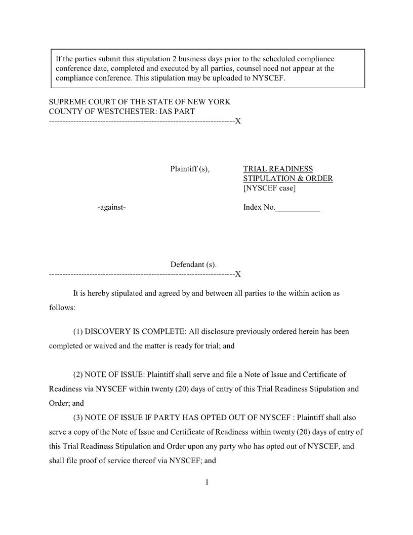 Trial Readiness Stipulation And Order [NYSCEF Case] {WES-TRSO_E} | Pdf Fpdf Docx | New York